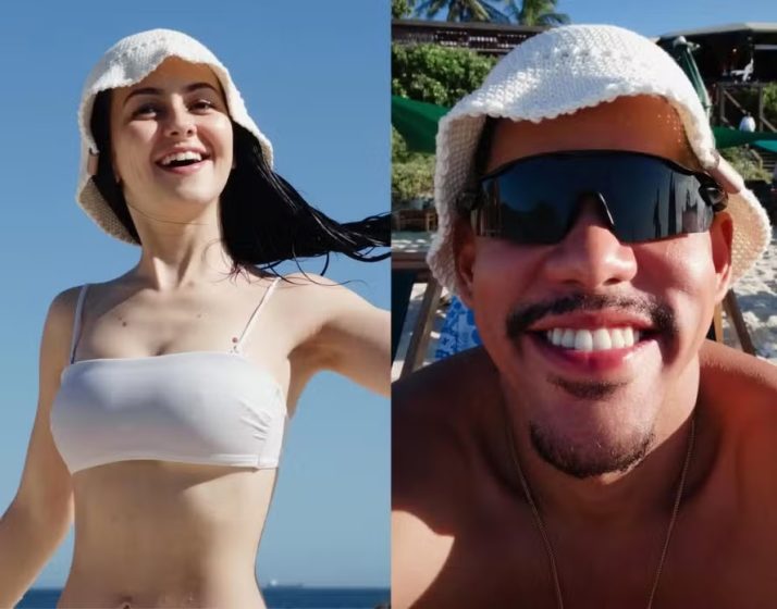 Vivendo romance discreto, Klara Castanho e Cauê Campos curtem praia e chapéu entrega companhia