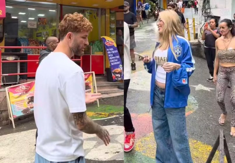 Assumidos! Karoline Lima e Léo Pereira gravam juntos em favela do Rio